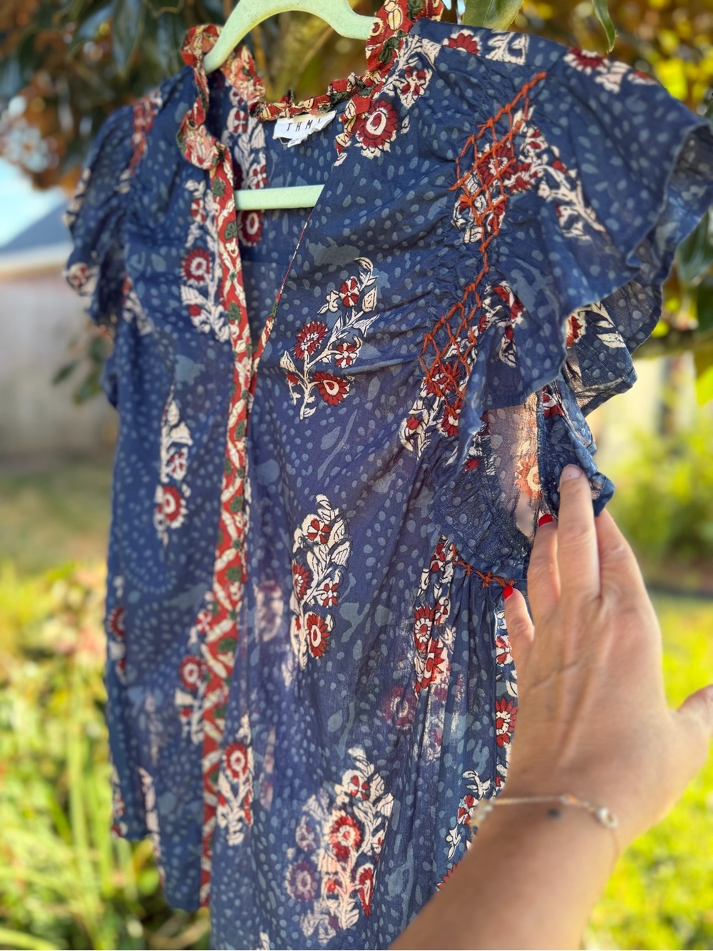 THML Blue Floral 100% Cotton Boho Ruffle Sleeve Blouse Top M - Picture 3 of 16